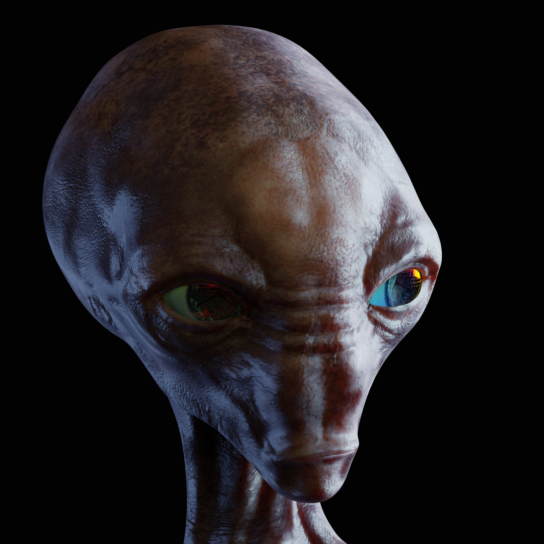 Retrato 3D realista de criatura alienígena con shading detallado de piel